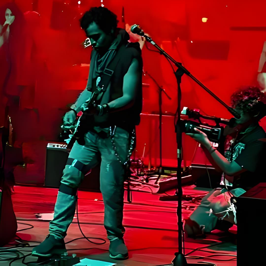 Aya interpretando en vivo con guitarra rítmica durante la canción 'Mala praxis' en el evento rock-and-blend-2