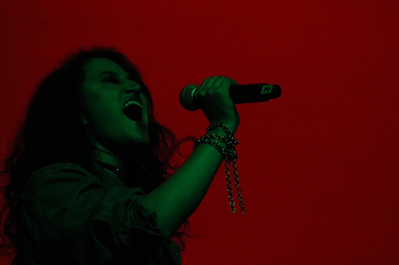 Silvia interpretando en vivo con voz durante la canción 'Incendios' en el evento rock-and-blend-2