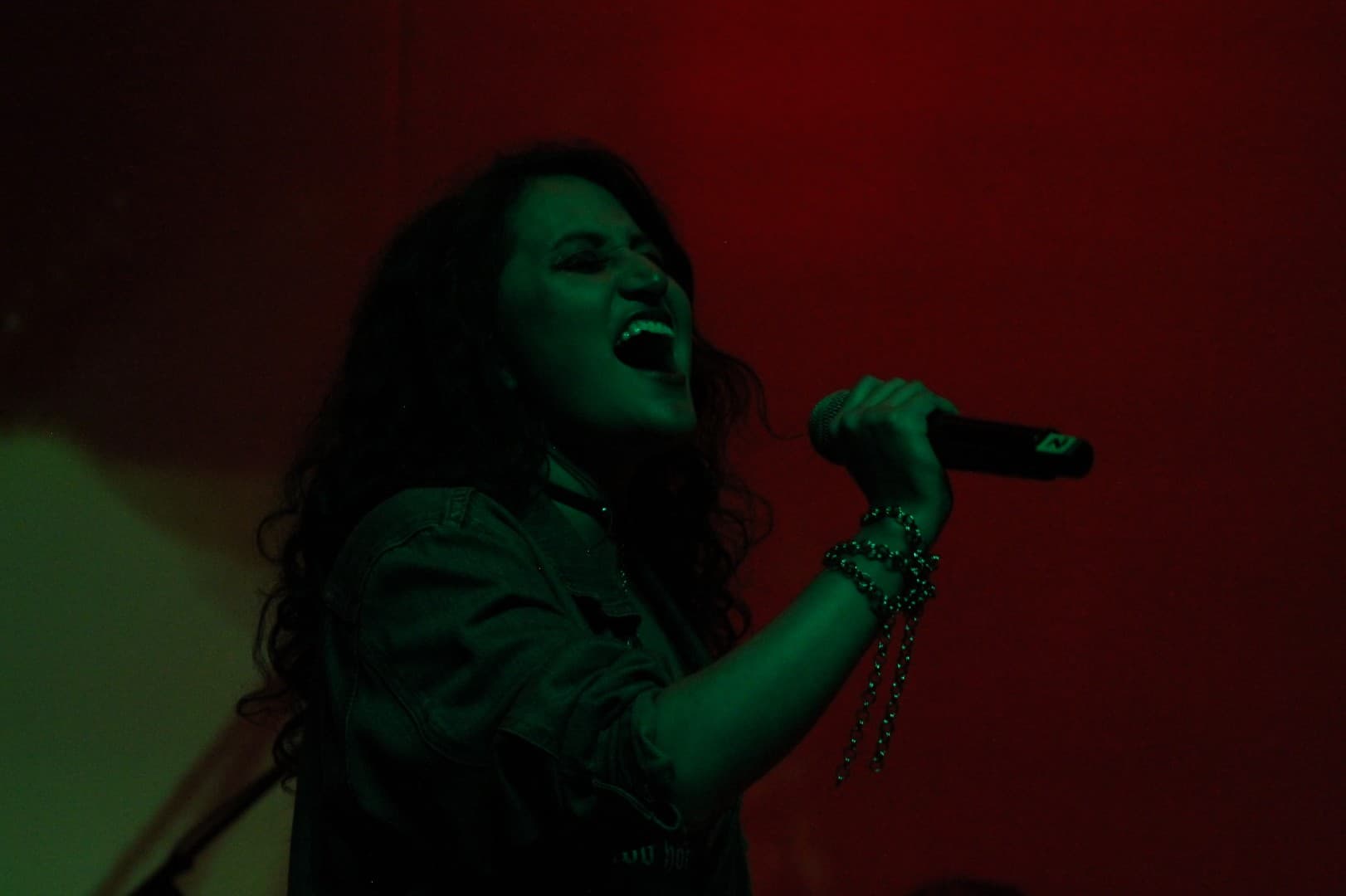 Silvia interpretando en vivo con voz durante la canción 'Flor migrante' en el evento rock-and-blend-2